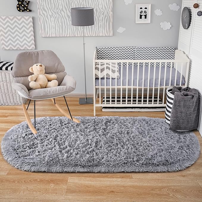 Noahas Fluffy Grey Rugs for Bedroom Living Room,2.6'X5.3' Oval Throw Rug for Kids Room,Shag Hallway Runner Rug,Small Soft Shaggy Bedside Non-Slip Plush Nursery Dorm Carpet Home Decor Aesthetic