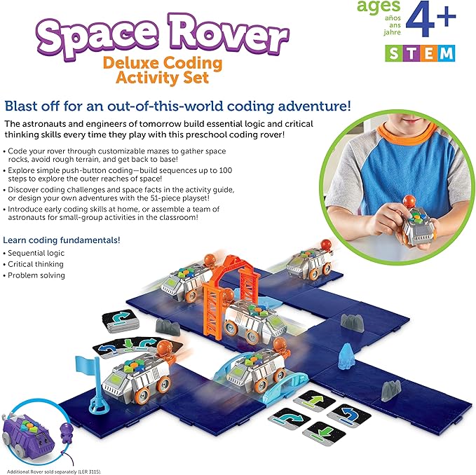 Learning Resources Space Rover Deluxe Coding Activity Set, 46 Pieces, Ages 4+, Coding for Kids, Coding Toys, Kids STEM,Toys STEM, Toys for Classroom,Space Toys, Astronaut Toys