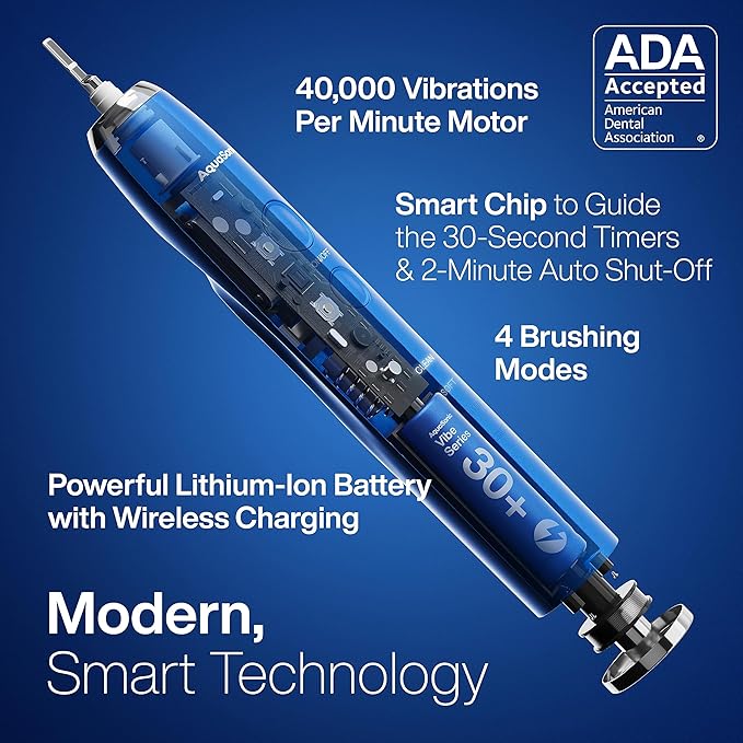 Aquasonic Vibe Series Ultra-Whitening Toothbrush – ADA Accepted Electric Toothbrush - 8 Brush Heads & Travel Case – 40,000 VPM Motor & Wireless Charging - 4 Modes w Smart Timer – Sapphire Blue