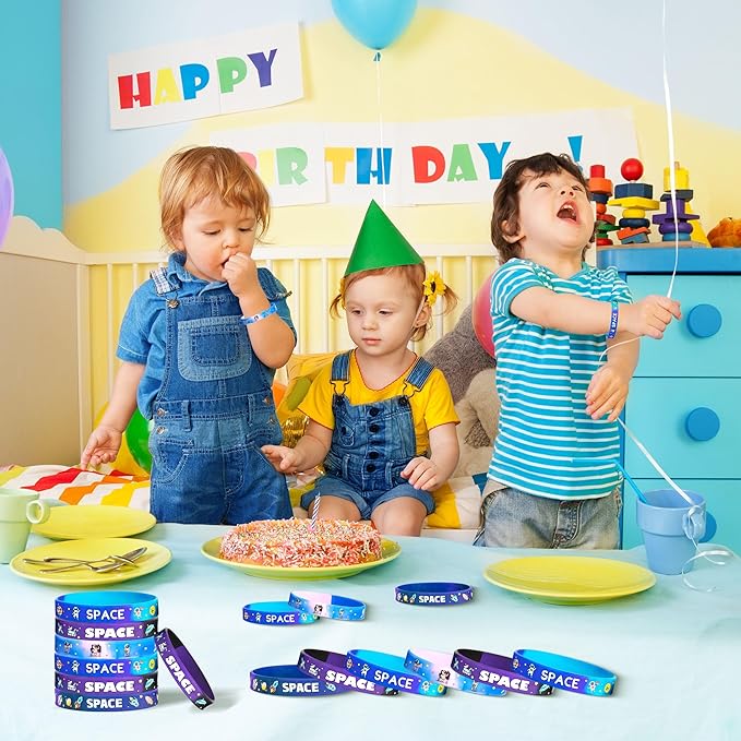 Lesnala 48PCS Outer Space Party Silicone Bracelets Astronaut Rubber Wristband Bulk Galaxy Stars Themed Party Favors for Planet Universe Birthday Decorations Supplies 4 Styles