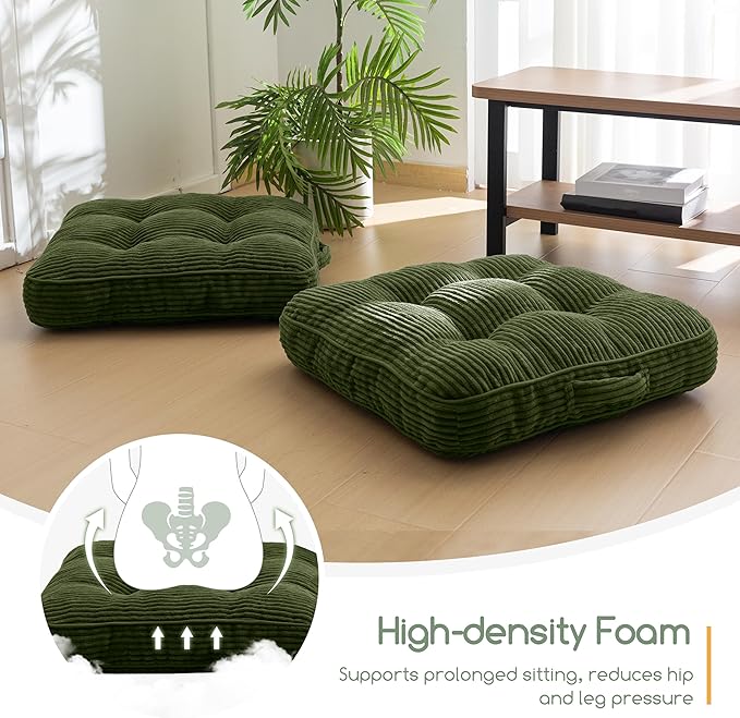 Washable Floor Pillow Cushion for Adults, Meditation Cushion Pillow, Large Square Floor Sitting, Removable Tufted Corduroy Cover, for Tatami Living Room or Yoga, 22x22 Inch, 2Pack, Machine Washable