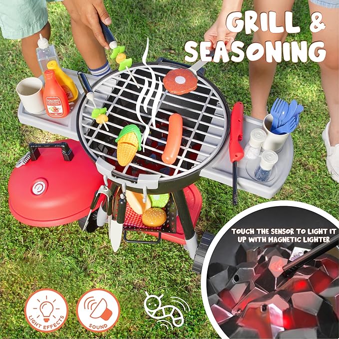 JOYIN 34 PCS Kitchen Toy Set, BBQ Play Grill, Cooking Toy Set, Little Chef Play, Kids Grill Playset Interactive BBQ for Kids with Light & Sound, Birthday Gift for Boys Girls
