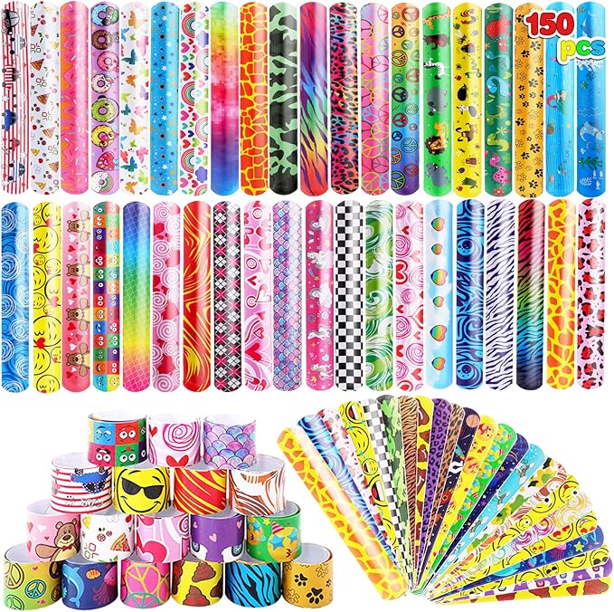 150 Pcs Slap Bracelets,Colorful Slap Bracelets Wristbands with Animal Hearts Print Design,Party Favors Slap Bracelets Bulk for Boys Girls Birthday Party Supplies