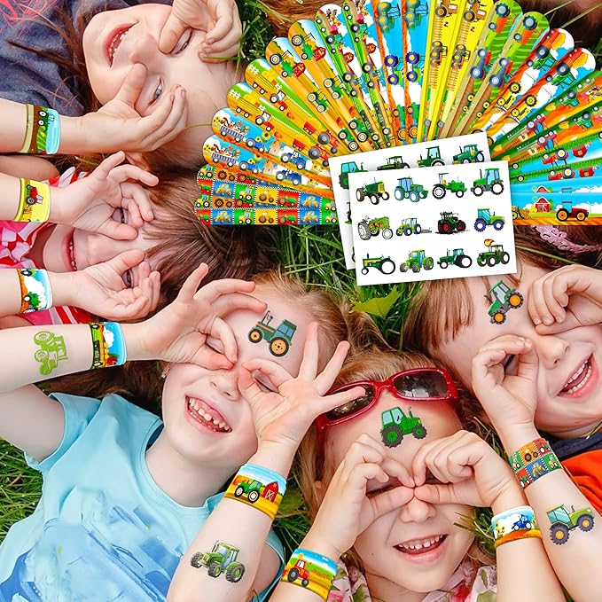 48PCS Tractor Party Favors - 24PCS Tattoos & 24PCS Slap Bracelets - Farm-Themed Birthday Supplies, Green Tractor Decorations, Classroom Prizes, Gifts for Boys & Girls