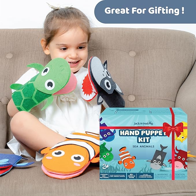 jackinthebox Hand Puppet Making Kit - 6 Sea Animals Felt Puppet Craft Kit for Kids, Creative DIY Arts & Crafts Kit Make Your Own Puppets for Storytelling Role Play, Great Craft Gifts for Kids Ages 4-8