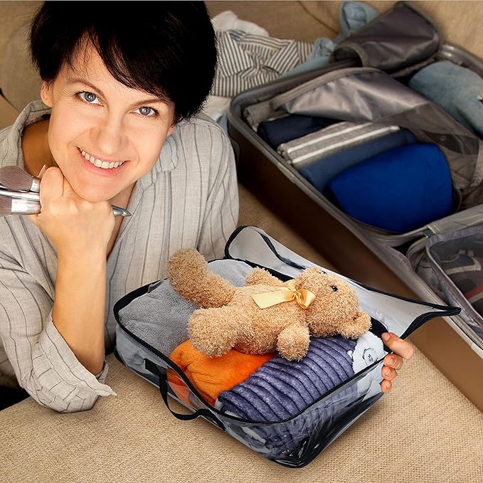 6 Pieces Large Clear Travel Packing Cube Clear Vinyl Zippered Storage Bags See Through Moving Bag PVC Multipurpose Pouch with Handle for Suitcase Shirts Dress Storage (Black, 11.8 x 10.2 x 3.9 Inch)