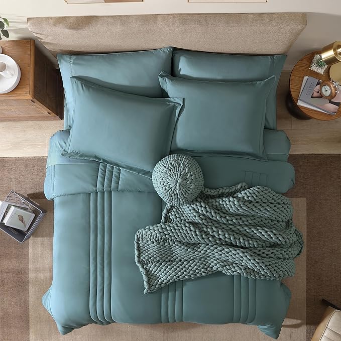 Monbix Oversized Queen Size Comforter Set - 7 Pieces Bed in a Bag, Blue Green Bedding Sets with Comforter, All Seasons Comforter Bed Set with Sheets, Pillowcases & Shams