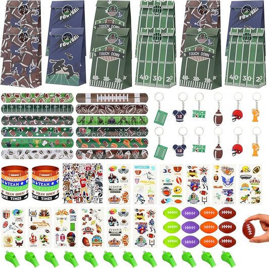 134 Pcs Football Party Favors Set 12 Silicone Bracelet 12 Whistles 12 Keychains 12 Slap Bracelet 12 Tattoo Stickers 12 Fidget Spinners 12 Gift Bags 50 Football Stickers for Football Party Supplies