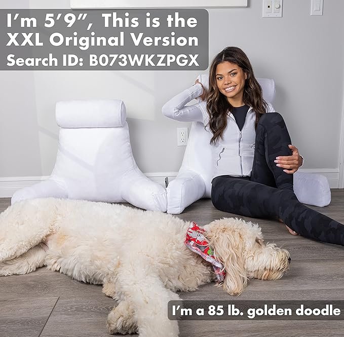 Husband Pillow Medium White, Backrest for Kids, Teens, Petite Adults - Reading Pillows with Arms, Adjustable Loft, Plush Memory Foam, Bed Rest Chair for Sitting Up, Detach Neck Roll, Removable Cover