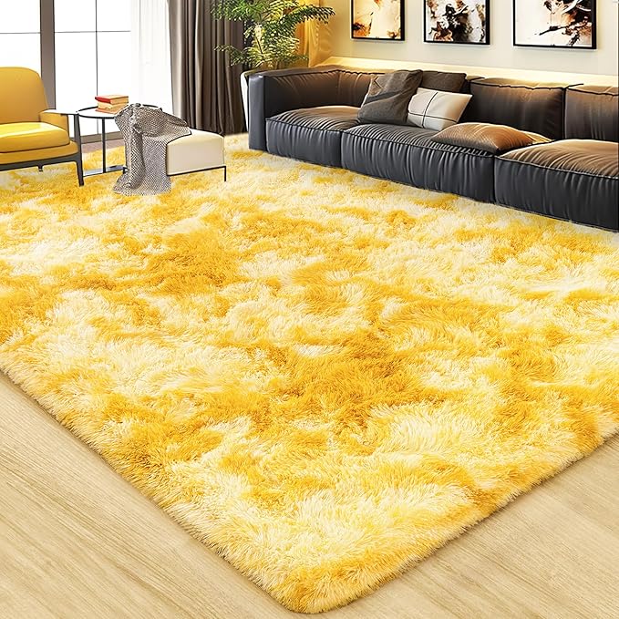Xexsin Ultra Fluffy Area Rugs for Living Room Bedroom, 6x9 Fuzzy Large Living Room Rugs, Thick Shag Rug for Dorm, Soft Non Slip Kids Girls Boys Rug for Home Decor Aesthetic, Tie-Dyed Yellow