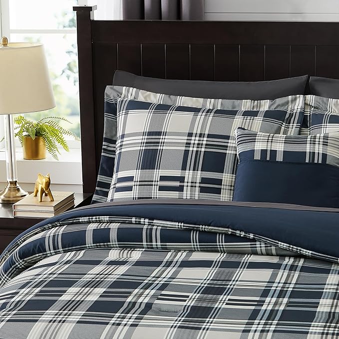 MaiRêve Full Size Comforter Set Navy Blue, Plaid Design Comforter Set 7 Pieces, All Season Comfortable Bedding Sets Full, Lightweight, Soft and Warm (Navy Blue, Full)