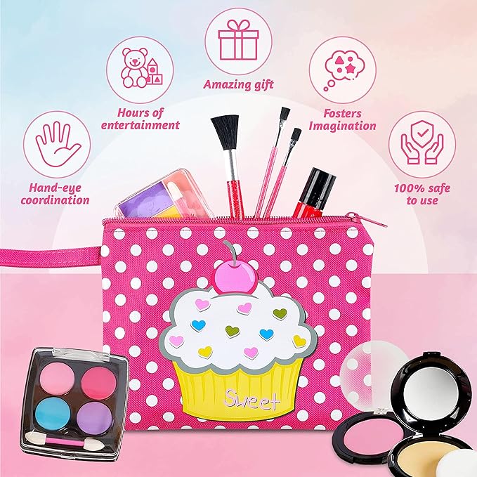 Beverly Hills Pretend Makeup Toy Set, My First Princess Cosmetic Beauty Set for Little Girls, Kids Pretend Play, Dress Up with Stylish Polka Dotted Make Up Bag