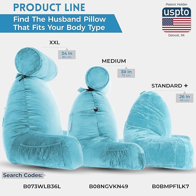 Husband Pillow Medium Carolina Blue, Backrest for Kids, Teens, Petite Adults - Reading Pillows with Arms, Adjustable Plush Memory Foam, Bed Rest Chair Sitting Up, Detach Neck Roll, Removable Cover