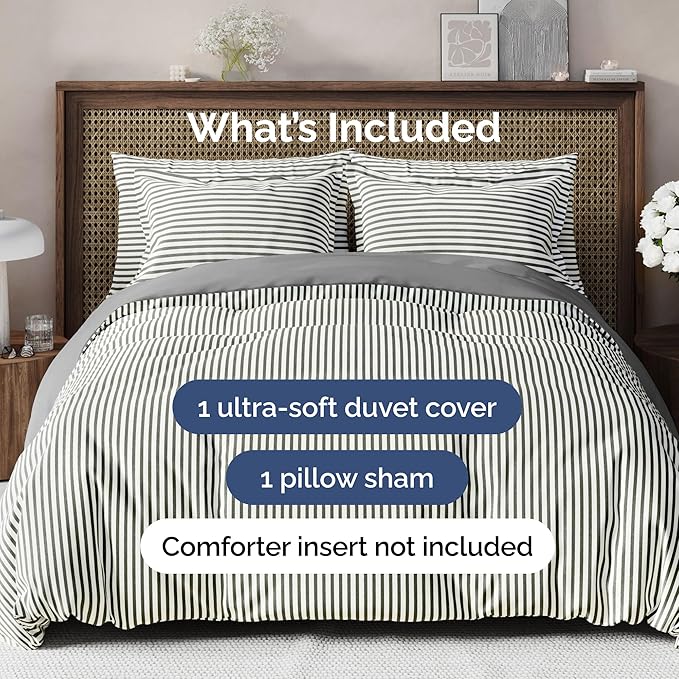 Duvet Cover Twin/Twin XL Size Set - Extra Soft Duvet Cover 68 x 90 with 1 Pillow Sham - Hotel Luxury, Easy Care and Fade Free w/ Zipper Closures & Ties - Comfy, Breathable Bedding Set (Grey Stripes 2)