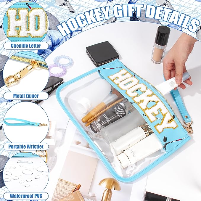 BuyCard Hockey Gifts Makeup Bag with Chenille Letter Patch, Clear Cosmetic Pouch PVC Organizer Purse, Waterproof Travel Bag, Portable Toiletry Storage Bag for Her Friends