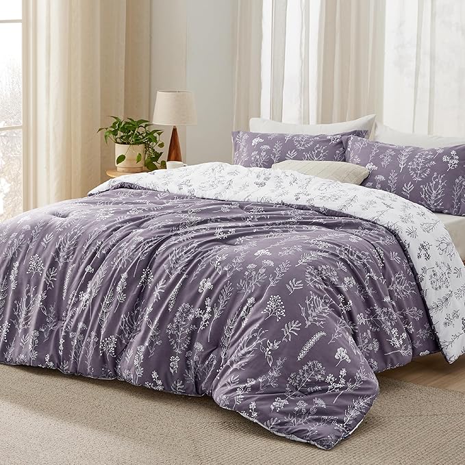 Bedsure Full Comforter Set - Grayish Purple Bed Set, 3 Pieces Cute Floral Bedding, 1 Soft Reversible Botanical Flowers Comforter and 2 Pillow Shams