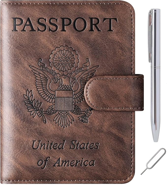 Passport Holder Cover Wallet Travel Essentials Leather Rfid Blocking Case Vacation Luggage Must Haves Travel Accessories for Men Women (120#Coffee)