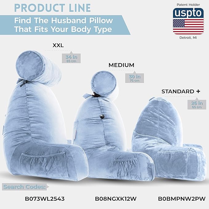 Husband Pillow Medium Sky Blue, Backrest for Kids, Teens, Petite Adults - Reading Pillows with Arms, Adjustable Loft, Plush Memory Foam, Bed Rest Chair Sitting Up, Detach Neck Roll, Removable Cover