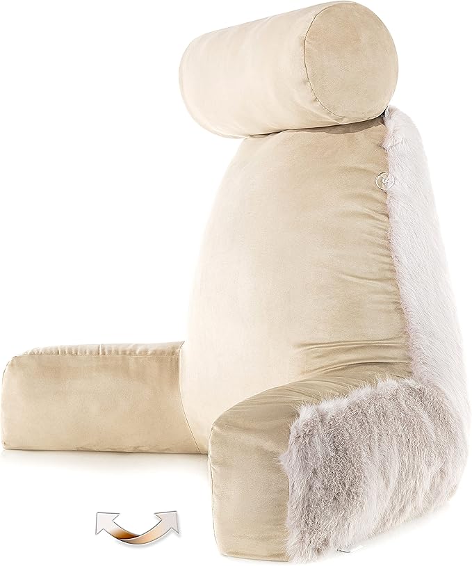 Husband Pillow XXL Baby Golden Wolf Fabulous Faux Fur Backrest, Two-Tone Reversible Double Sided Reading & Bed Rest Pillow with Arms & Neck Roll, Adjustable Memory Foam - Sit Up Extremely Comfy