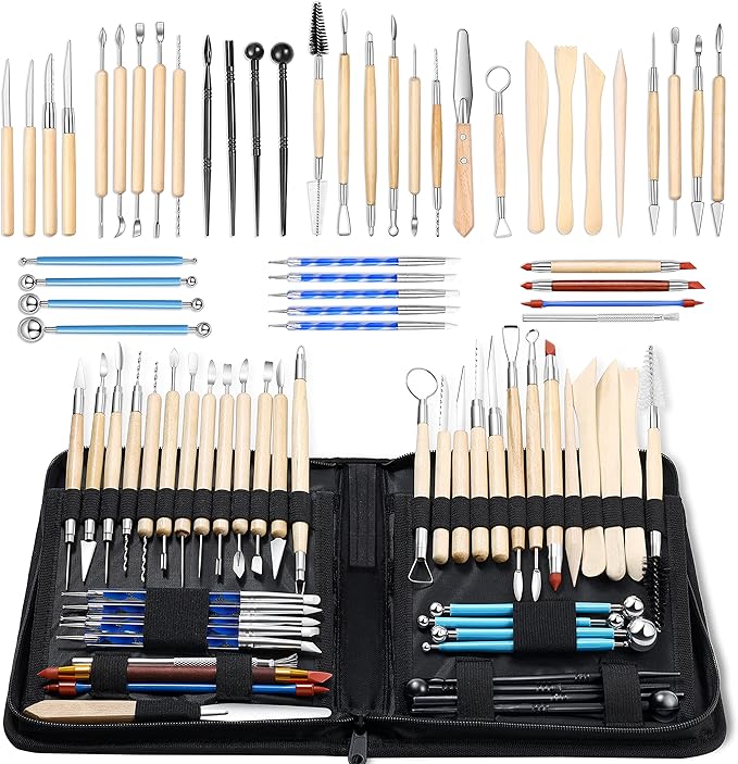 ISSEVE Pottery Clay Sculpting Tools 43Pcs Double Sided Ceramic Clay Carving Tool Set with Upgrade Stand-Up Design Carrying Case for Beginners Professionals School Student Pottery Modeling Smoothing