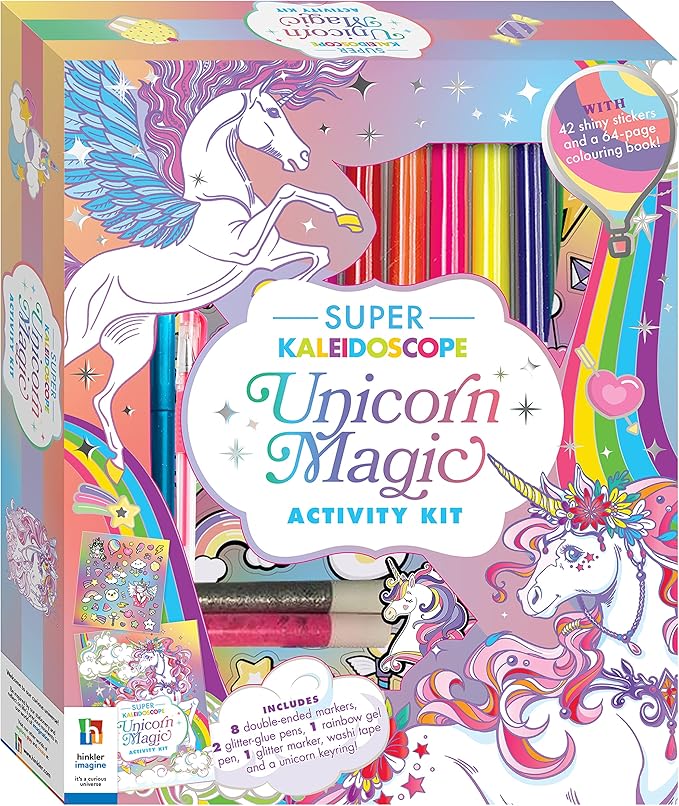 Hinkler Super Kaleidoscope - Unicorn Magic Activity Kit - Fantasy Themed Coloring Book with Glitter Stationery and Stickers - Unicorn Keyring - Arts and Craft Kits for Kids Aged 6 to 8