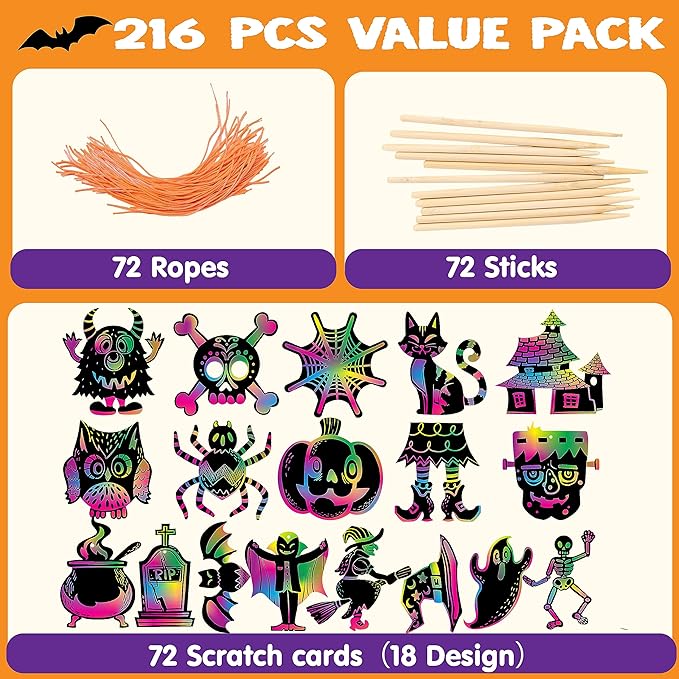 JOYIN 72 Pcs Halloween Rainbow Scratch Art Crafts for Kid, Halloween Party Favors, Scratch Paper for Party Supplies, Classroom Activities Gifts Party Game Goodies, Scratch Off Paper with 18 Designs