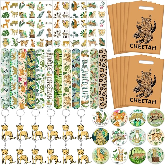 Cheetah Party Favors Cheetah Theme Slap Bracelets Key Chains Badge Temporary Tattoos Gift Bags for Kids Jungle Leopard Cheetah Birthday Party Baby Shower Safari Party Supplies