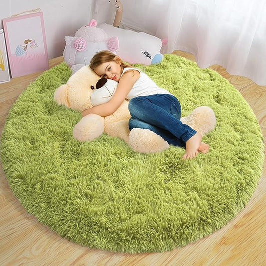 Xexsin Round Fluffy for Bedroom Rugs, 4Ft Green Shag Circle Rug Non-Slip for Kids Girls Boys Bedroom Dorm Nursery Playroom, Soft Cute Area Rugs for Living Room Decor