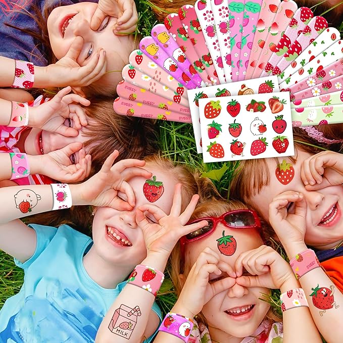 48PCS Strawberry Party Favors - 24PCS Tattoos & 24PCS Slap Bracelets - Berry Themed Birthday, Baby Shower, Goody Bag Fillers, Summer Party Supplies, Classroom Prizes, Gifts for Kids & Toddlers