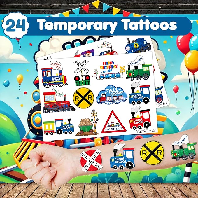 48PCS Train Party Favors - 24PCS Tattoos & 24PCS Slap Bracelets - Train-Themed Birthday Supplies, Decorations, Classroom Prizes, Carnival Rewards, Gifts for Boys & Girls