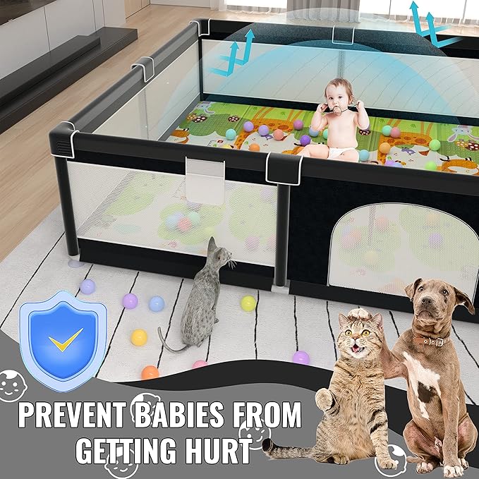LUTIKIANG Extra Large 79" x 71" Baby Playpen with Mat, Baby Gate Play Yard, Portable Toddler Playpen, Large Play Pen for Babies, Mat Included, Play Area for Babies and Toddlers (Black)
