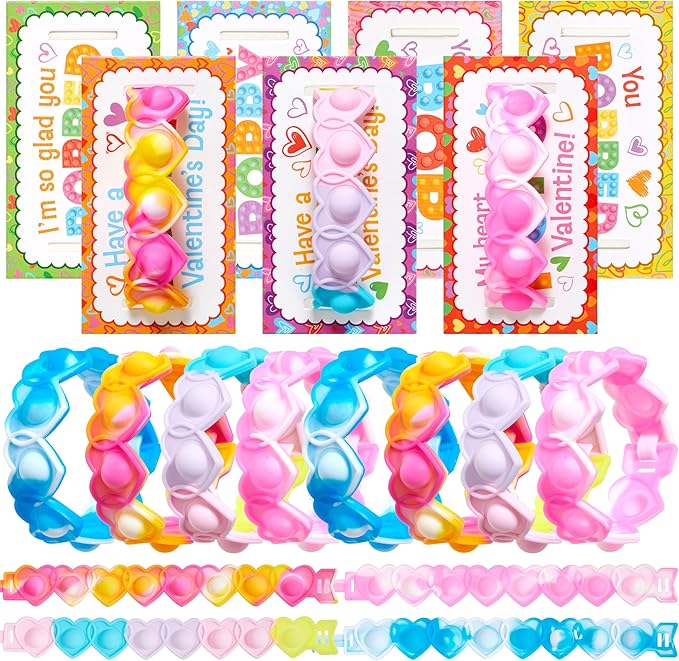 JOYIN 28 PCS Valentines Day Gifts for Kids, Valentines Cards with Heart Pop Bubble Bracelets, Stress Relief Fidget Toys for Girls Boys Toddler Valentines Classroom School Exchange Gifts Party Favor