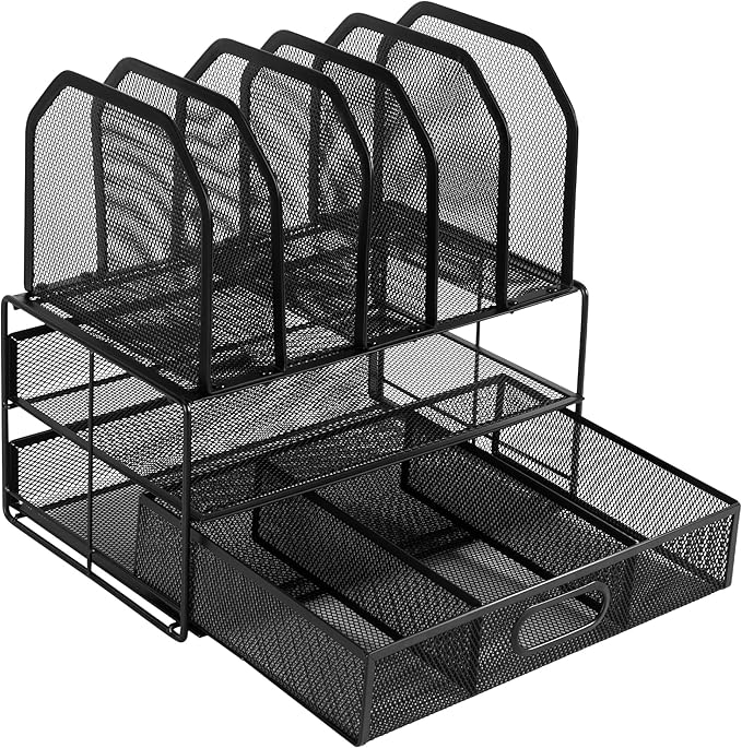 Amazon Basics Mesh Desk Organizer with Sliding Drawer, Double Tray and 5 Upright Sections, Black