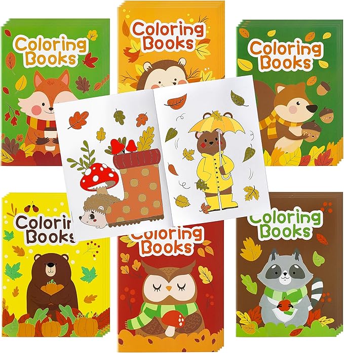 24Pcs Animal Theme Coloring Books for Kids Bulk Fall Mini Coloring Booklet Autumn DIY Art Drawing Book with Squirrel Hedgehog for Toddlers Halloween Thanksgiving Birthday Party Favor Goodie Bag Filler