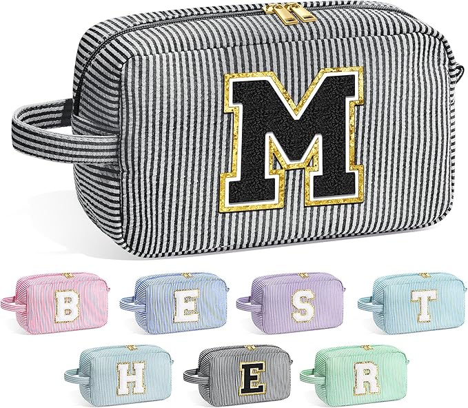 YOOLIFE Gifts for Women Teen Girls Kids - Initial Makeup Bag Cosmetic Bag Toiletry Pouch, Personalized Birthday Gifts for Women Girls Mom Daughter Sister Friends, Black M