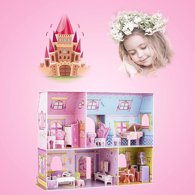 WISESTAR Large Princess Castle 3D Puzzles Model Dollhouse Kits for Girls, 92PCS Fairytale House with Furniture, Educational Toy Birthday for Kids and Adults Fit for Kids Over 8 Years