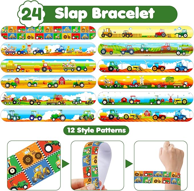 48PCS Tractor Party Favors - 24PCS Tattoos & 24PCS Slap Bracelets - Farm-Themed Birthday Supplies, Green Tractor Decorations, Classroom Prizes, Gifts for Boys & Girls