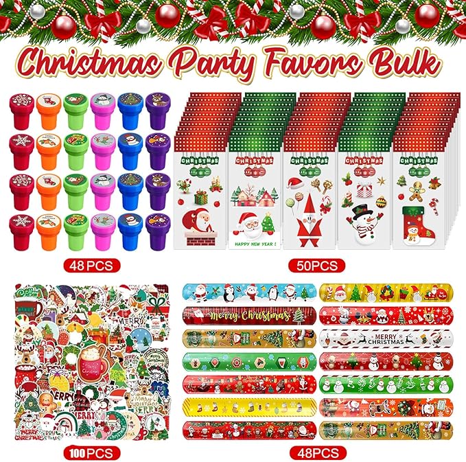 246 Pcs Christmas Party Supplies, Including Christmas Slap Bracelets Bulk Christmas Stamps Christmas Stickers for Christmas Party Favors Supplies Xmas Goodie Bags Stuffers Christmas Classroom Prize