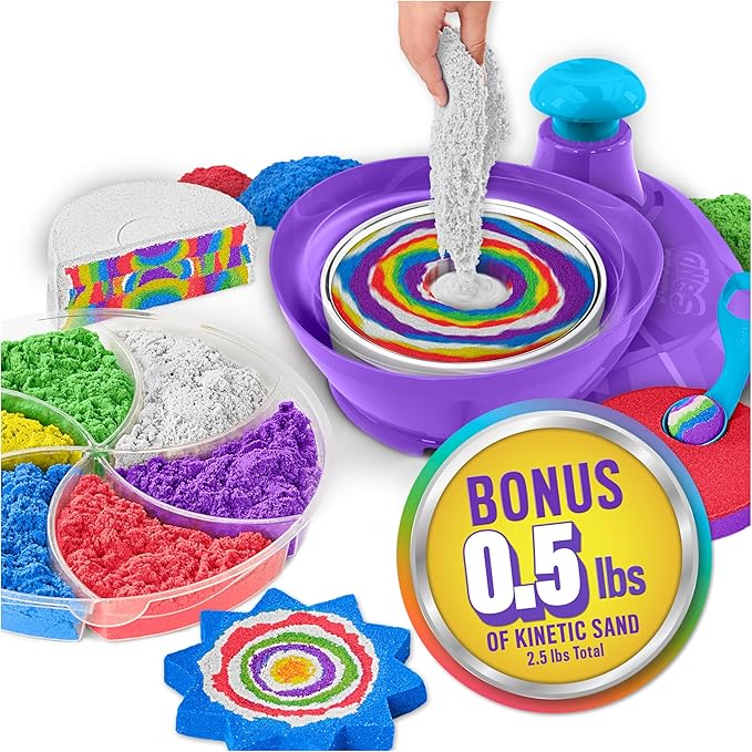 Kinetic Sand, Deluxe Swirl N’ Surprise Playset with 2.5lbs Play Sand (Red, Blue, Green, Yellow, White & Purple), 4 Tools, Sensory Toys for Kids