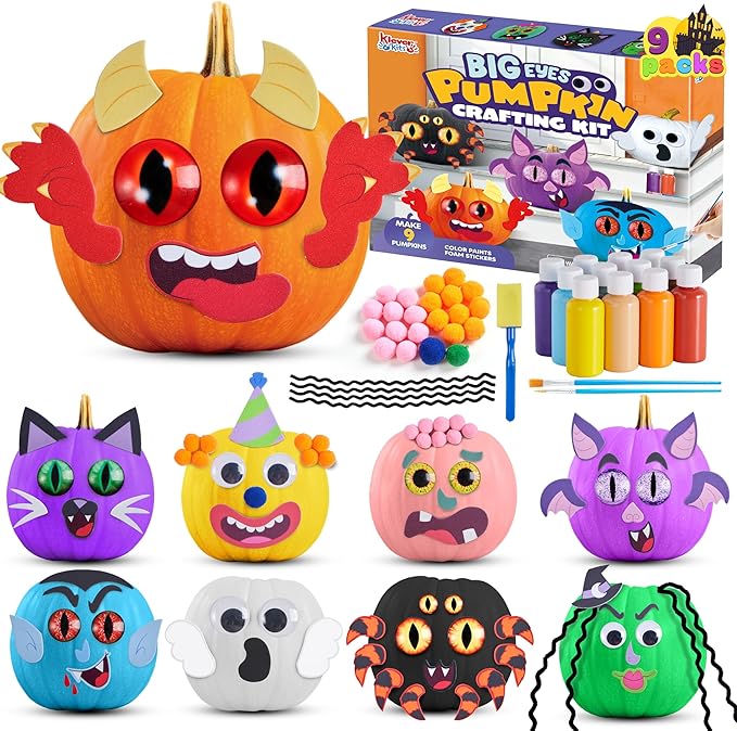Klever Kits Halloween Pumpkin Painting Decorating Kit for Kids, Art and Craft Party Favors, Halloween Party Games Classroom Activities, DIY Coloring Set with 9 Characters Designs and Realistic Eyes