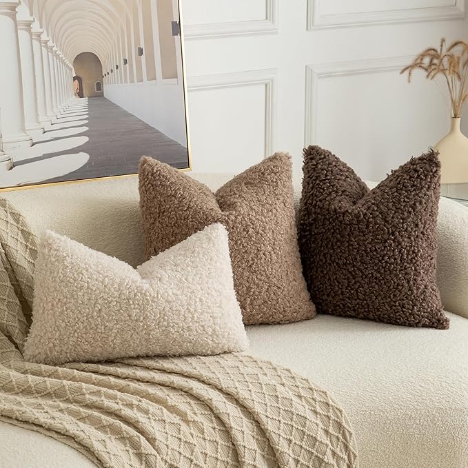 Pack of 2 Curly Teddy Wool Faux Fur Throw Pillow Covers Fuzzy Accent Soft Sherpa Pillowcases Sheepskin Fleece Decorative Cushion Case for Sofa Couch Living Room 24x24 Inch Black