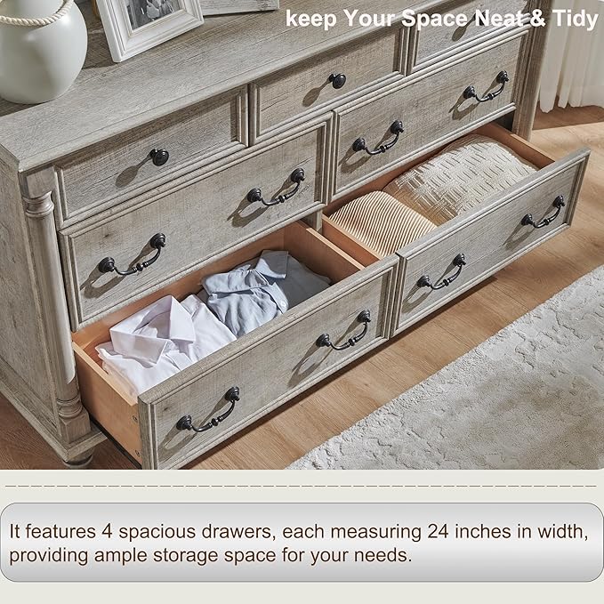 T4TREAM Farmhouse 7 Drawers Dresser Chests for Bedroom w/ 4 Column Solid Wood Feet, Tall Wide Wood Country Rustic Chest of Drawers, Storage Dressers for Bedroom, Living Room, Light Rustic Oak