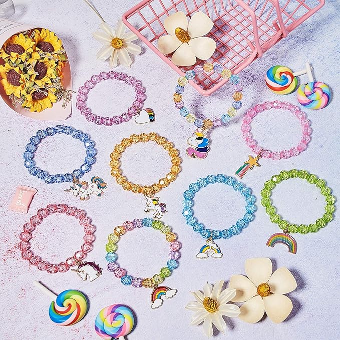 Hicarer 9 Pieces Unicorn Girls Bracelets for Toddler Little Girls Rainbow Bracelets Princess Colorful Cute Beaded Jewelry for Gift Goodie Bag Stuffers Birthday Party Favors(Crystal Style)