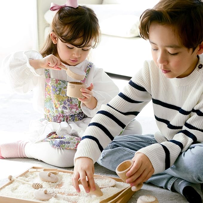 Blue Ginkgo Sensory Bin Tools – Montessori Fine Motor Skills Learning Set for Toddlers and Kids Pretend Play [9 PC] Kitchen Wooden Set with Scoops, Bamboo Tongs