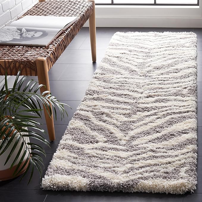 SAFAVIEH Portofino Shag Collection Runner Rug - 2'3" x 11', Ivory & Grey, Zebra Abstract Design, Non-Shedding & Easy Care, 2-inch Thick Ideal for High Traffic Areas in Living Room, Bedroom (PTS215A)
