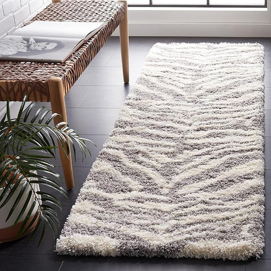 SAFAVIEH Portofino Shag Collection Runner Rug - 2'3" x 11', Ivory & Grey, Zebra Abstract Design, Non-Shedding & Easy Care, 2-inch Thick Ideal for High Traffic Areas in Living Room, Bedroom (PTS215A)