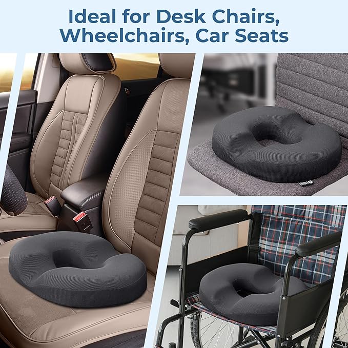 5 STARS UNITED Donut Pillow Hemorrhoid Tailbone Cushion – Large Cushion for Pain Relief – Coccyx, Prostate, Sciatica, Pelvic Floor, Pressure Sores, Pregnancy, Postpartum Recovery, Dark Gray