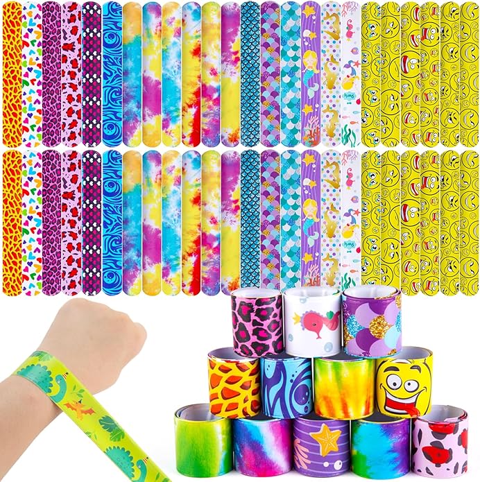 AMOR PRESENT Slap Bracelets Bulk, 48PCS Snap Bracelets for Kids Tie Dye Wrist Band Mermaid Sports for Party Favors Carnival Prizes Goodie Bags Groove Party