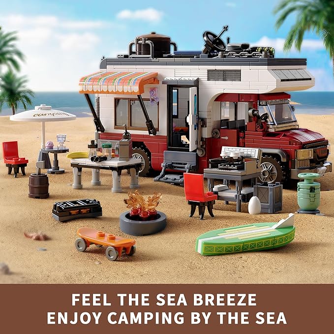 TYCOLE City Camper Van Building Set-Beach Camping Themed Construction Toy Kit with Mini Accessories&Lights, RV Car Model Compatible with Legos, Christmas Birthday Gift for Adults and Kids 6+(880 pcs)