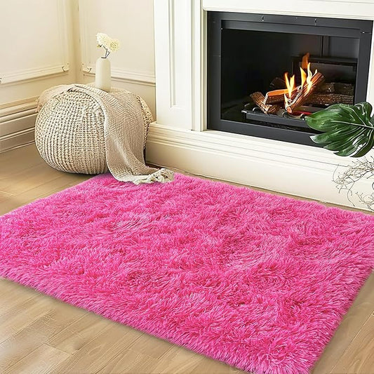 Xexsin Small Rugs for Bedroom, Fuzzy Throw Rug for Living Room Dorm, Soft Fluffy Bedroom Rug, Non Slip Shag Rugs, Modern Indoor Home Decor Aesthetic, 2x3 Feet, Hot Pink